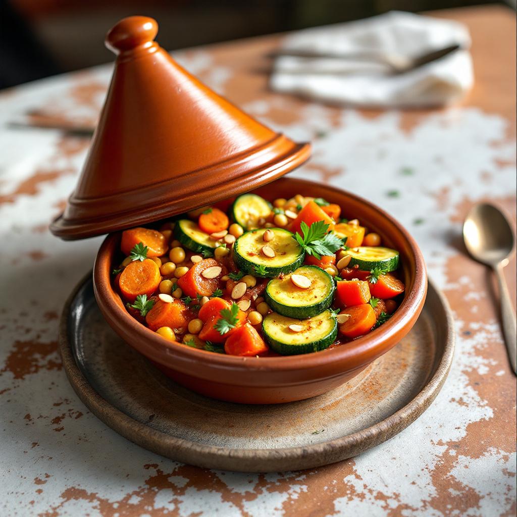 Moroccan vegetable tagine in a clay pot with carrots zucchini and chickpeas arranged in concentric rings