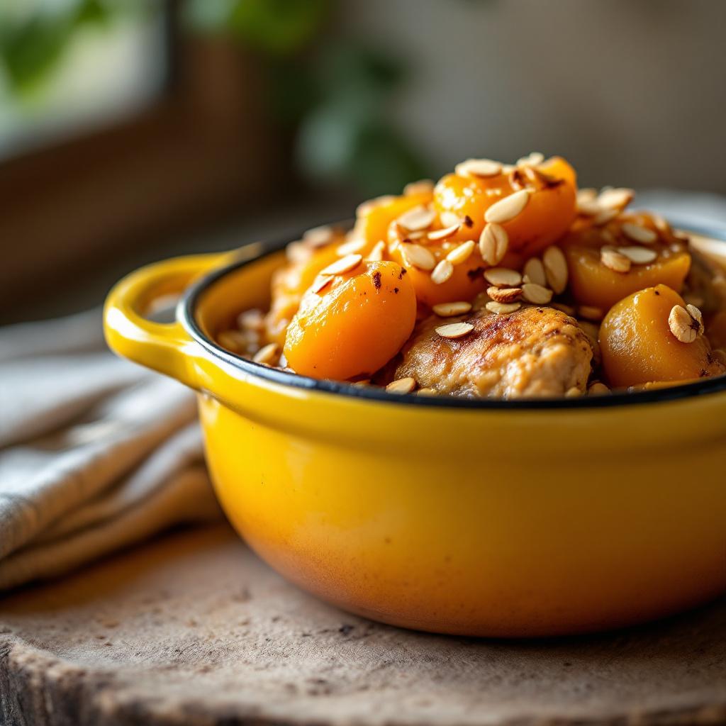 Chicken tagine with dried apricots, saffron broth and toasted almonds
