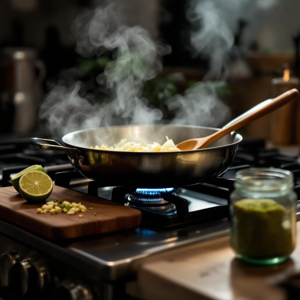 A real-life weeknight scene of a single skillet on the stove with a wooden spoon, citrus halves and a half-chopped onion