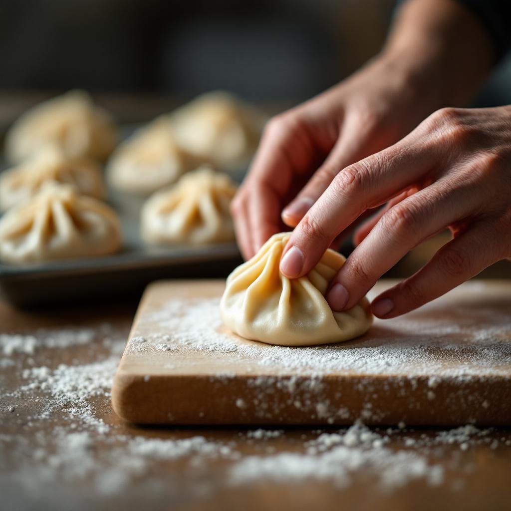 Hands shaping a pinched-stand half-moon dumpling on a floured wooden board, soft natural light, shallow depth of field