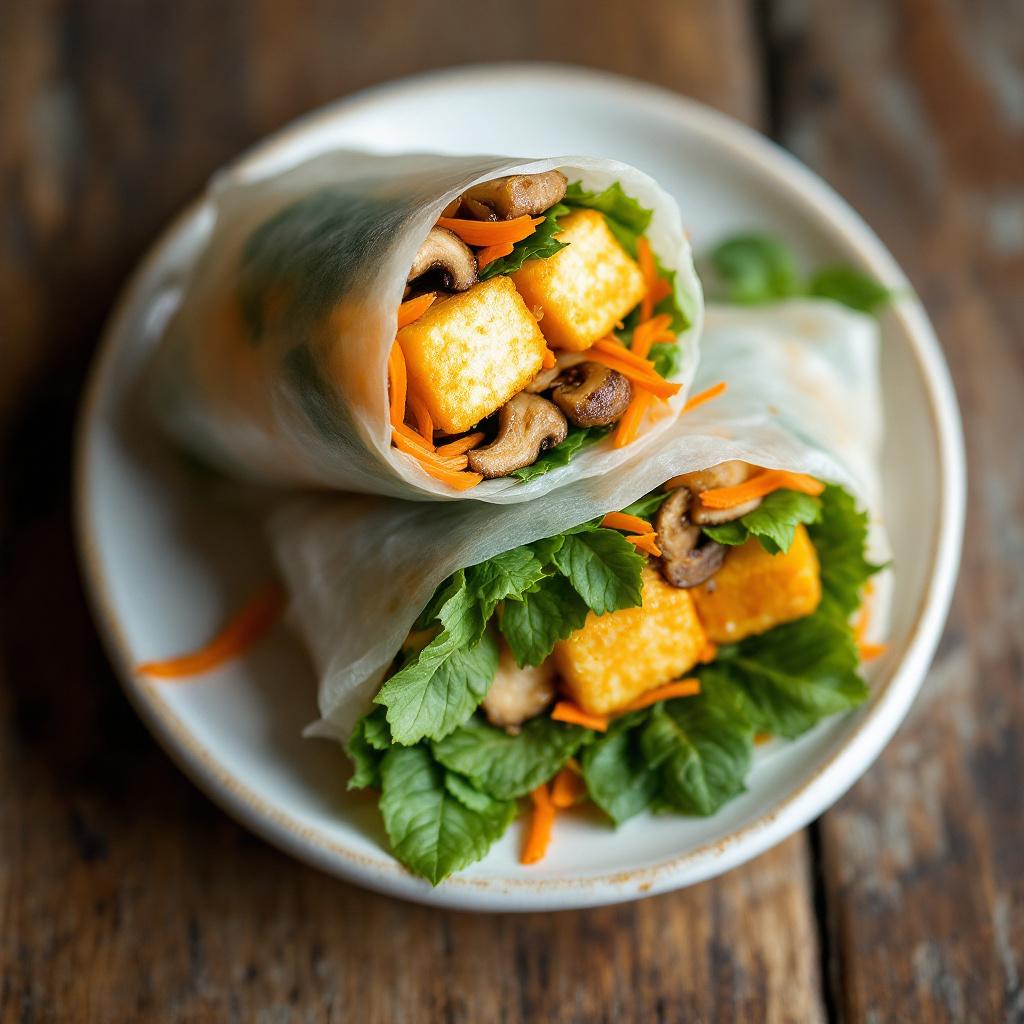 Crispy fried tofu batons and pickled mushrooms inside a translucent rice paper roll