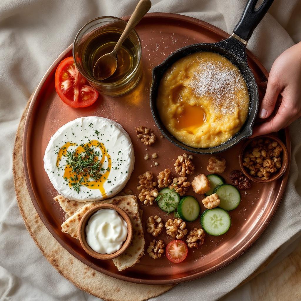 Van region Turkish breakfast with herb cheese kaymak honey and warm flatbread