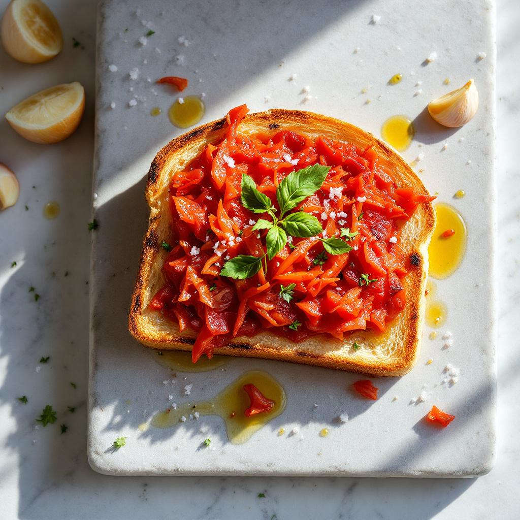 Toasted rustic bread rubbed with garlic and ripe tomato, drizzled with olive oil