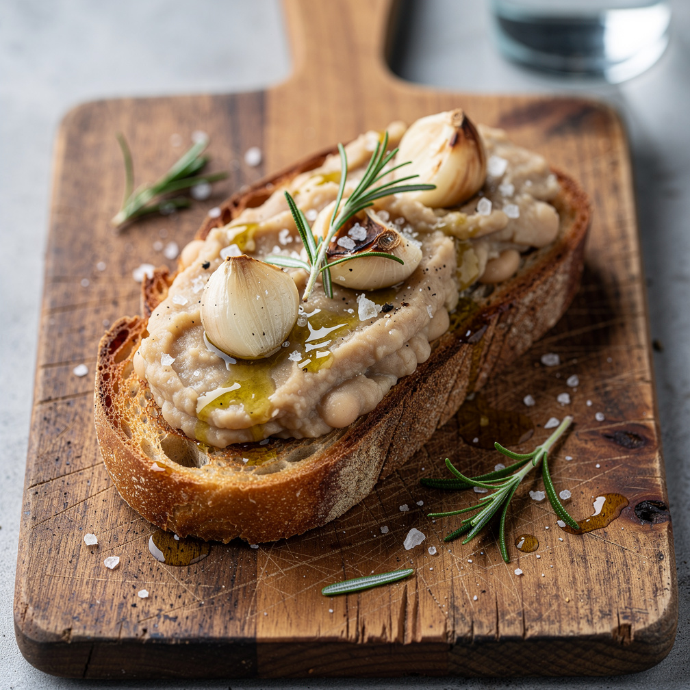 White bean mash tartine with confit garlic cloves and rosemary sprigs