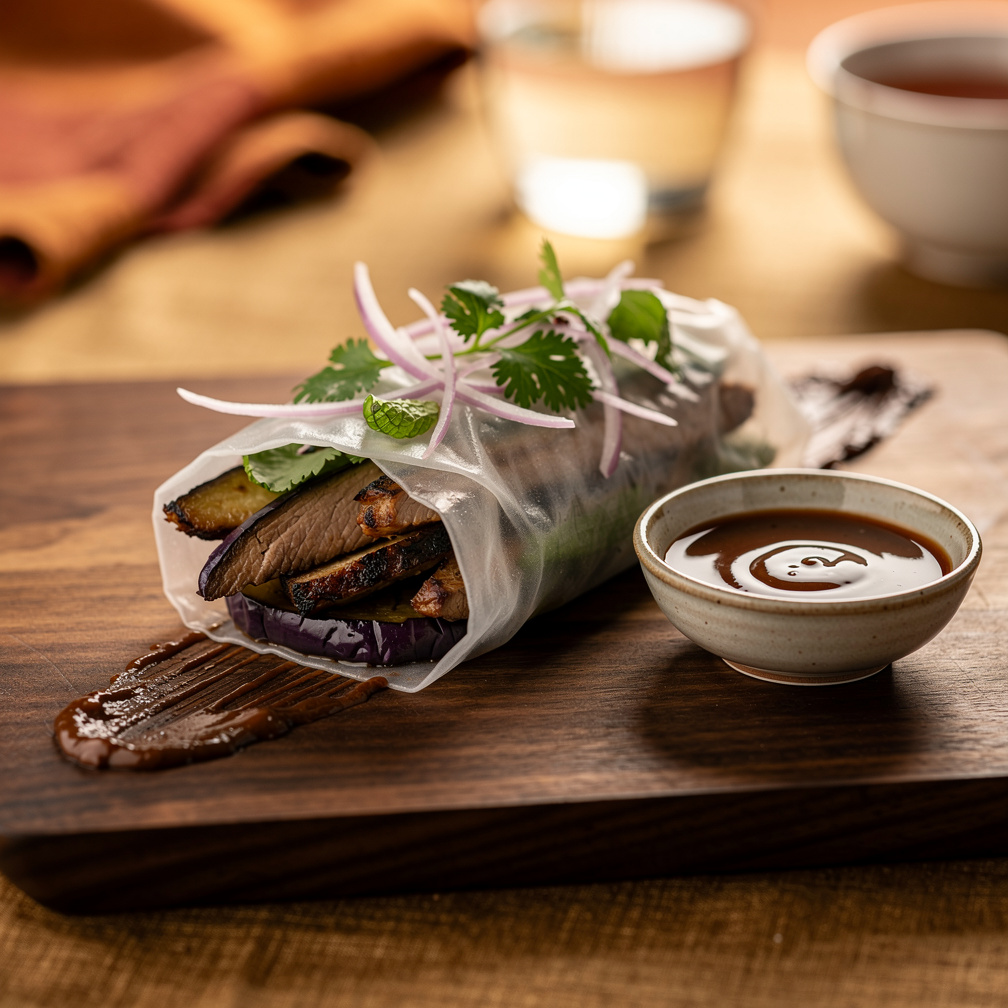 Lemongrass lamb and smoky eggplant rice paper roll with herbs and slivered shallot