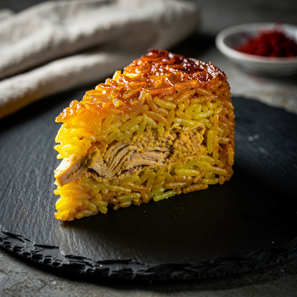 Sliced tahchin saffron rice cake with golden crust and chicken layer visible