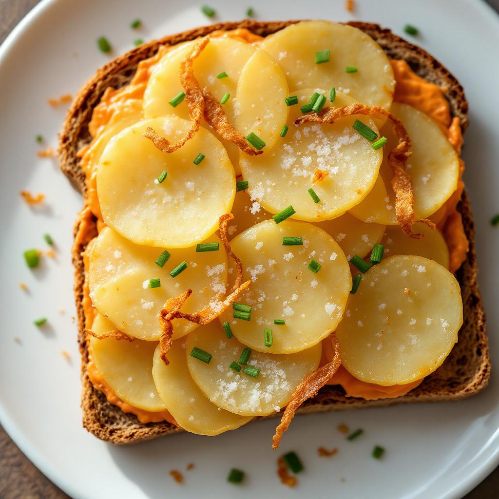 New potato smorrebrod with overlapping potato coins on dark rye, finished with chopped chives, crispy fried onions, and a pinch of flaky salt