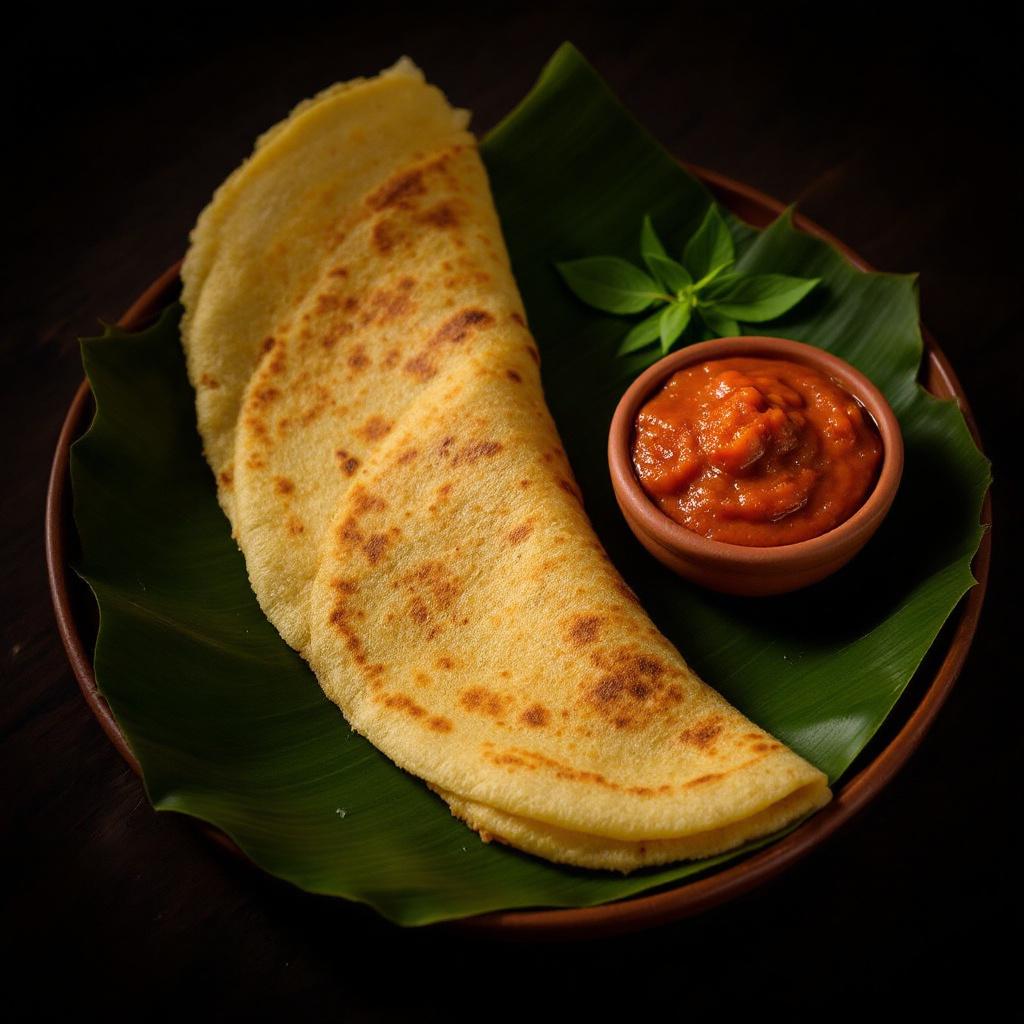 Folded masala dosa with potato filling and brick red tomato onion chutney