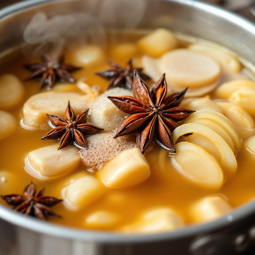 A simmering pot of golden pho broth with star anise floating on the surface