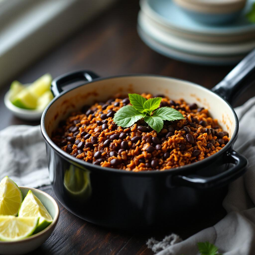 Cuban moros y cristianos in a black enameled pot with bay leaves and lime wedges