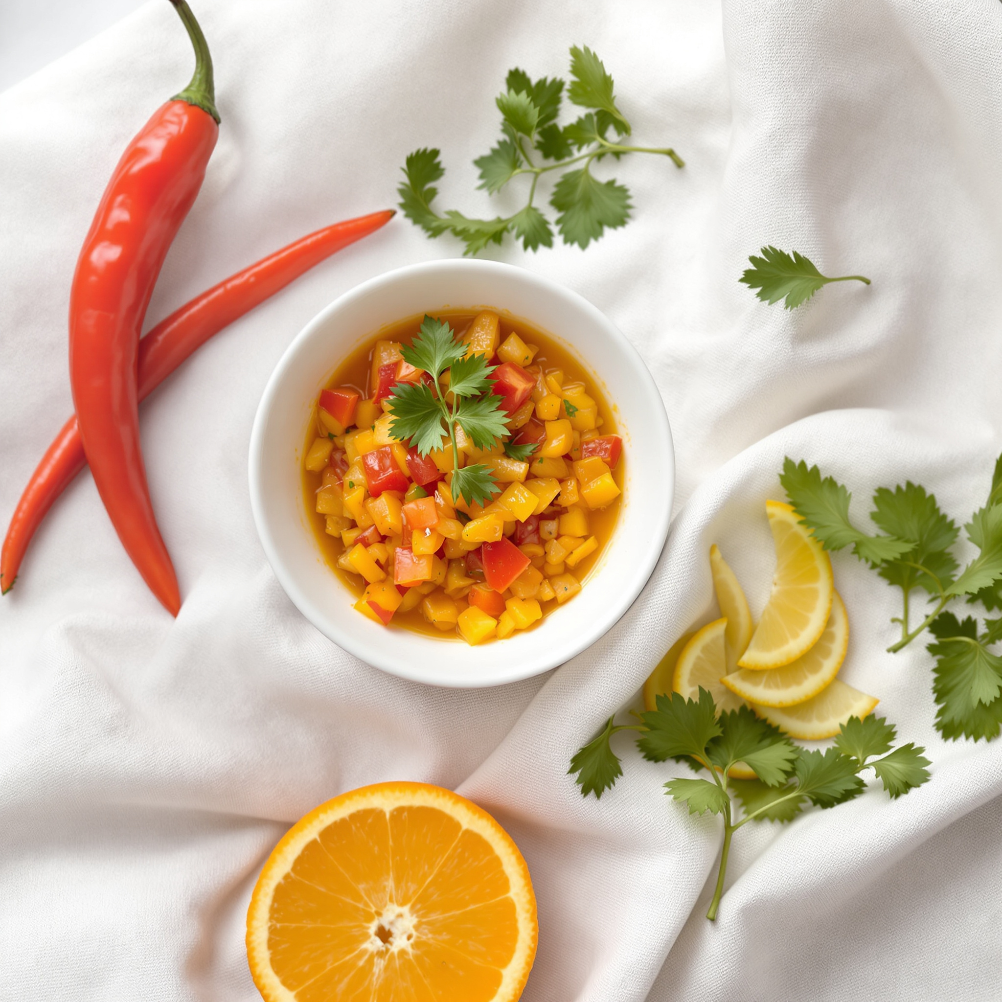 Vivid orange habanero and citrus salsa in a small white bowl with sliced habanero on the side