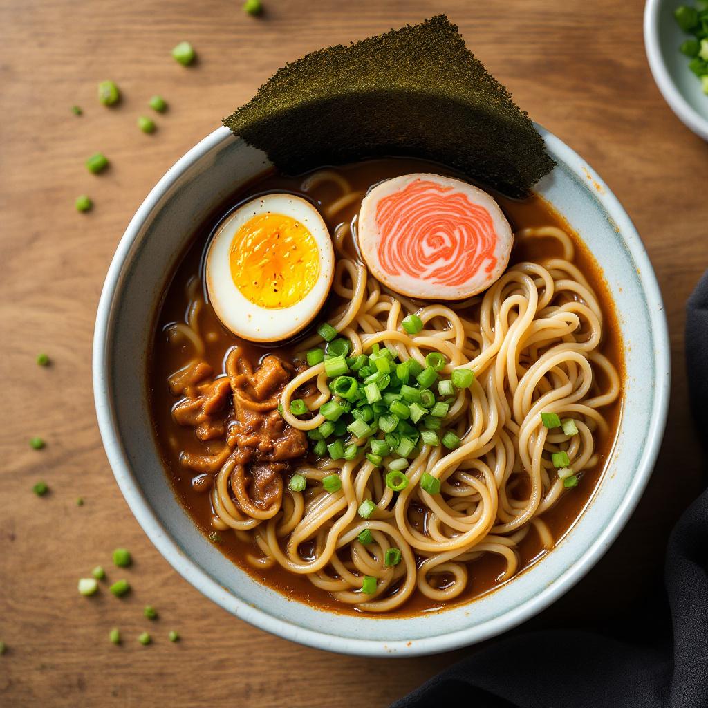 A clear shoyu ramen with a deep mahogany broth, curly wheat noodles, slices of bamboo shoot, a halved soft-boiled egg, a sheet of nori leaning against the rim, scattered scallions, overhead three-quarter angle