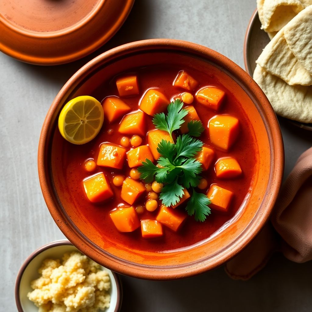 A wide earthenware pot of orange squash and chickpea tagine with fresh coriander