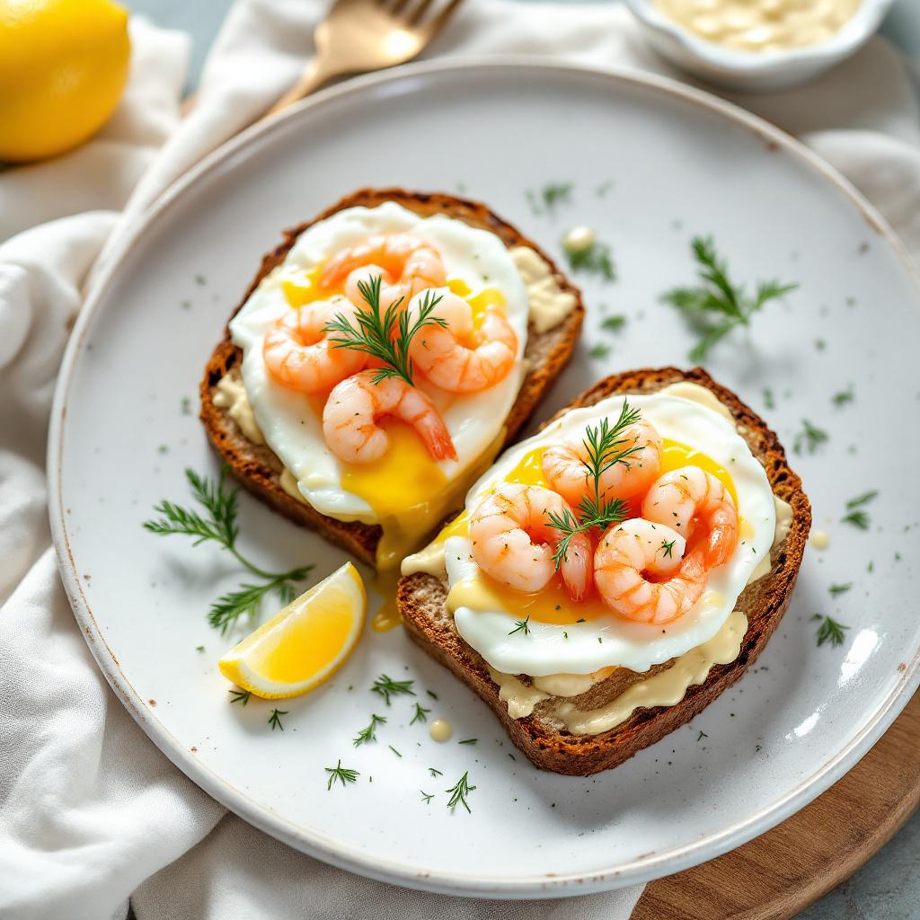 Egg and shrimp smorrebrod with neat halves of soft-boiled egg topped with a heap of small pink cold-water shrimp, a lemon wedge, and dill
