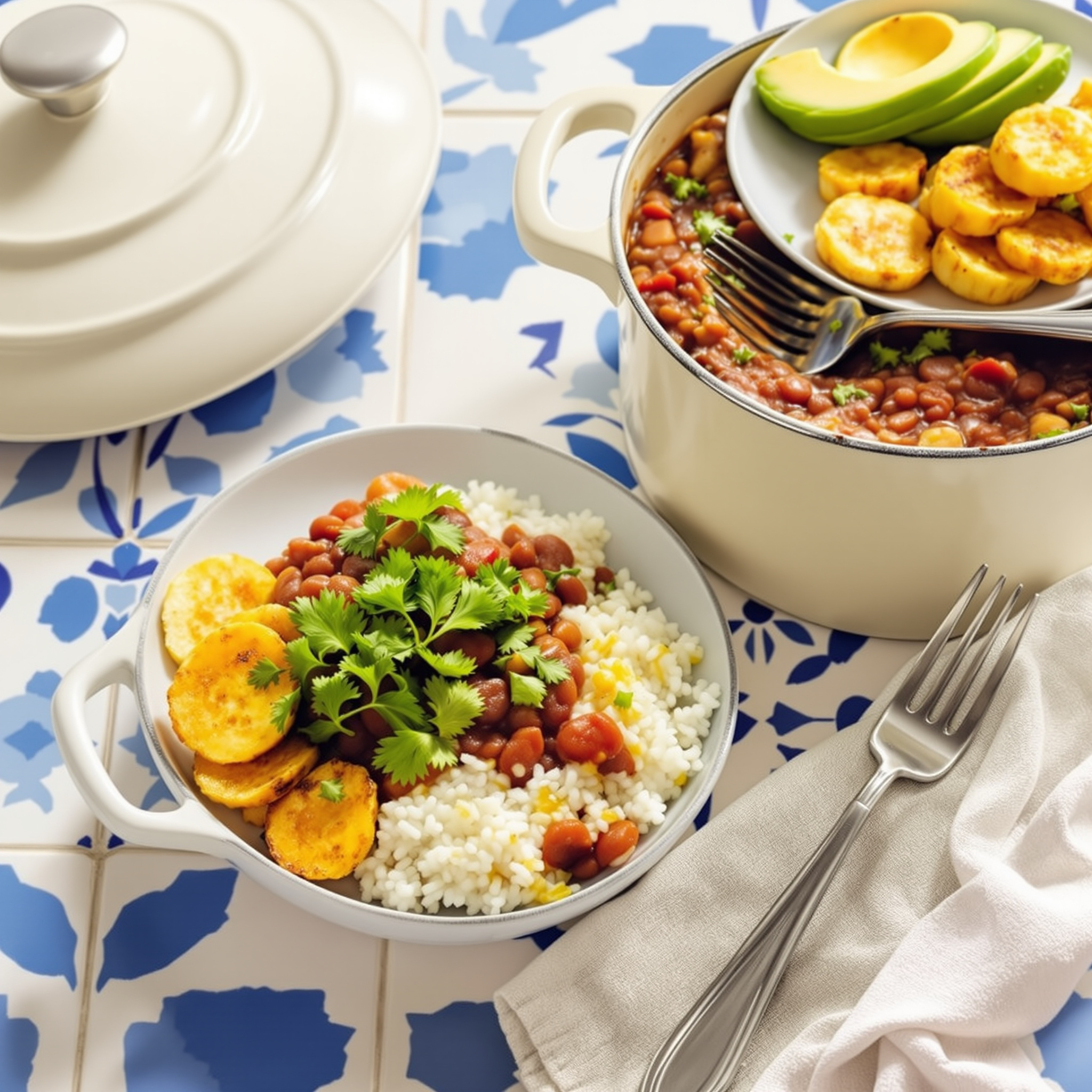 Dominican moro de habichuelas in a white enameled pot with sliced avocado and fried plantains alongside