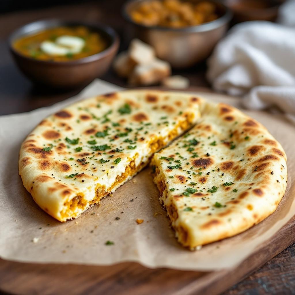 Amritsari kulcha topped with coriander and nigella seeds, torn in half to show crumb