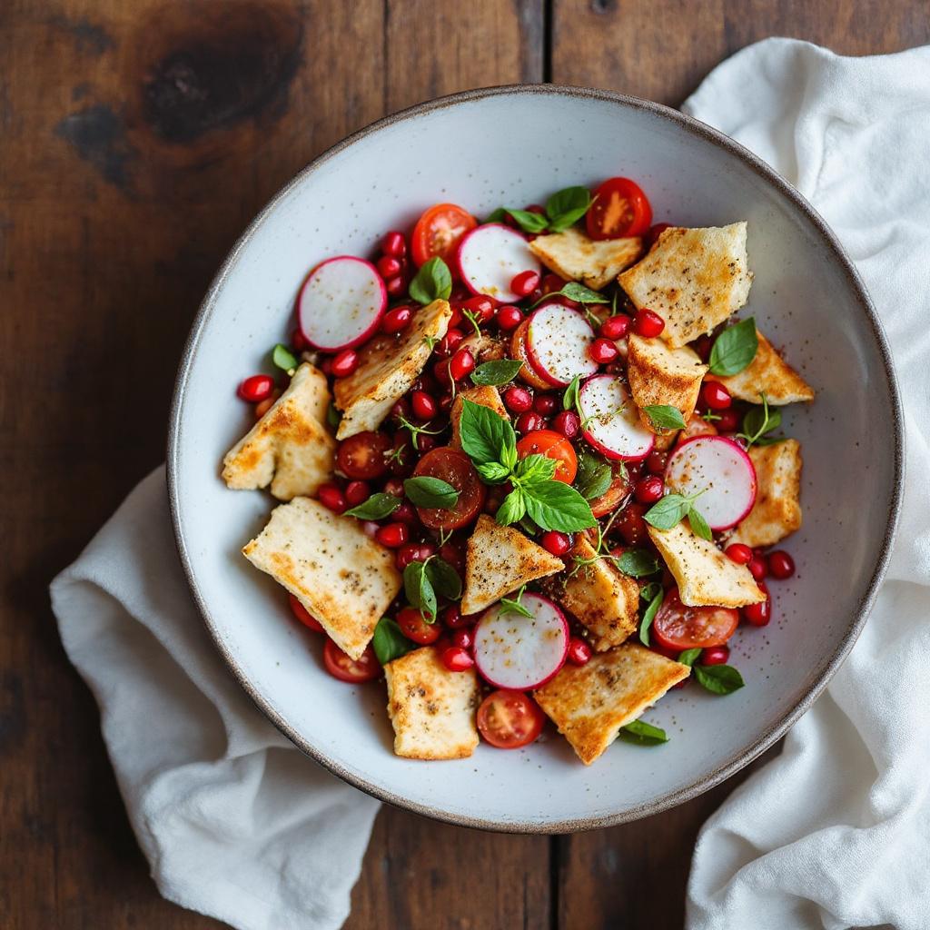 Fattoush salad with crisp toasted bread, purslane, radish and a sumac dusting