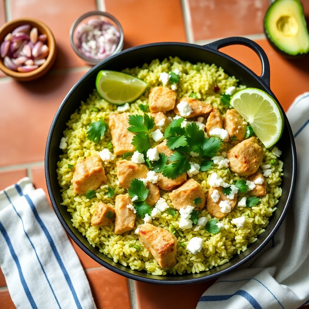 A skillet of arroz verde with chicken, avocado slices, and crumbled cheese