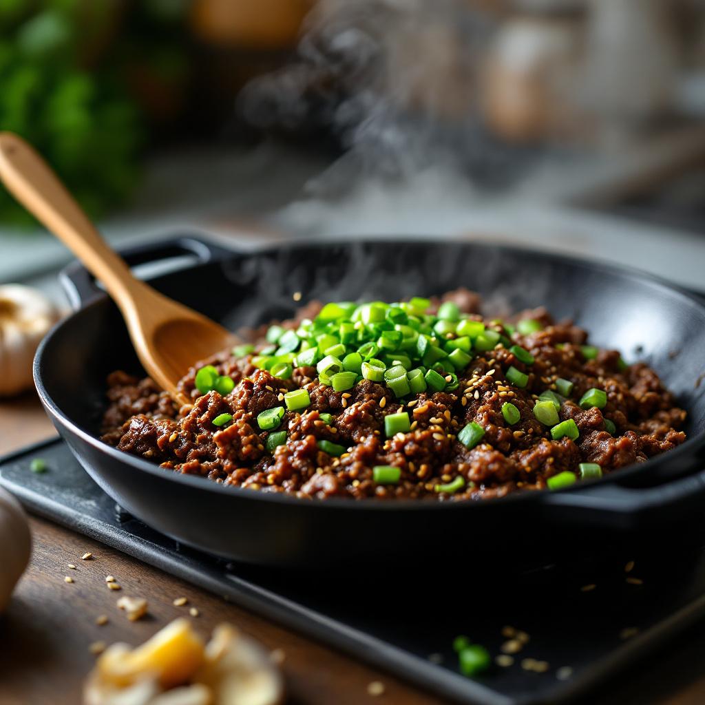 Skillet of glossy dark Korean seasoned ground beef with scallions and sesame seeds