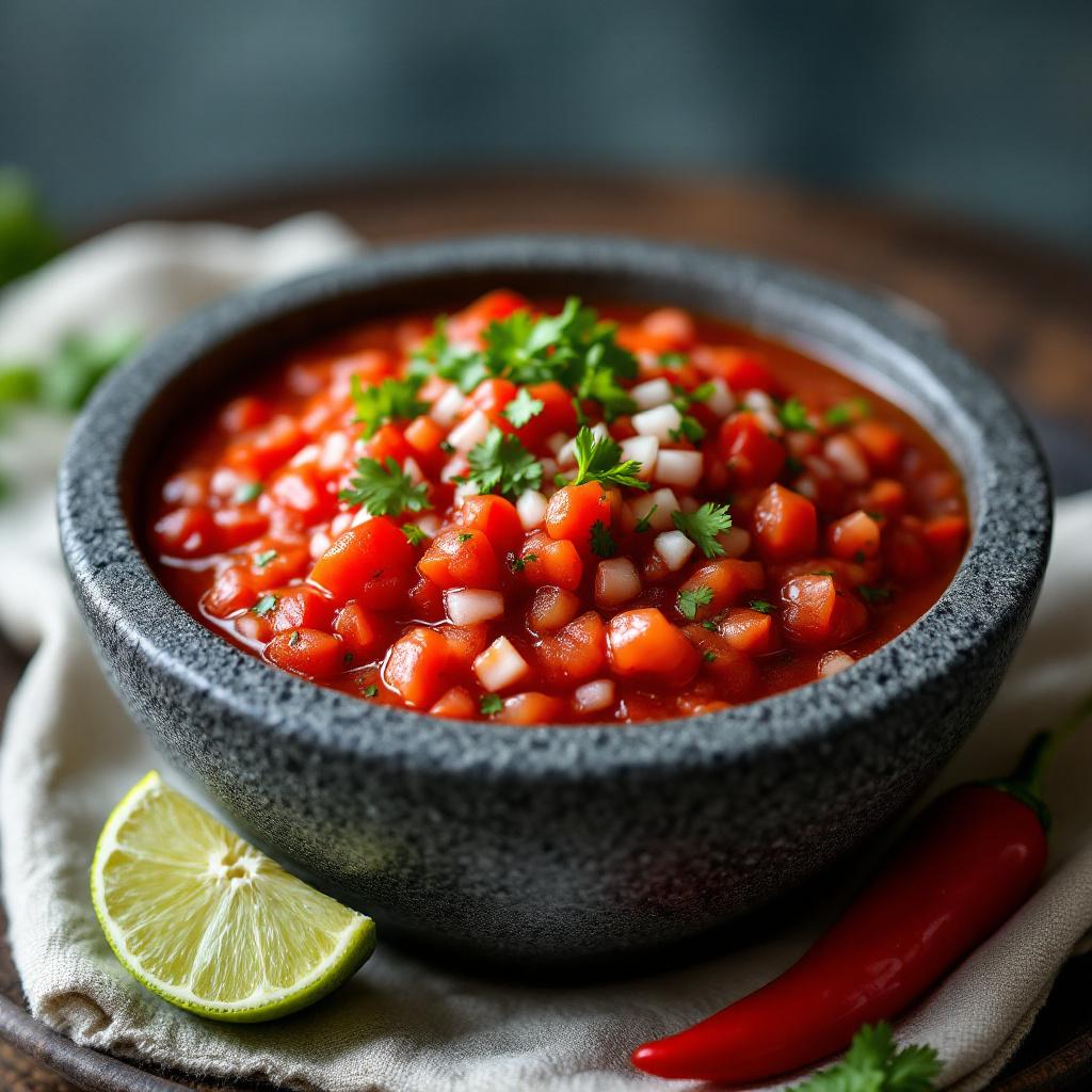 Bright red raw tomato salsa in a stone molcajete with cilantro