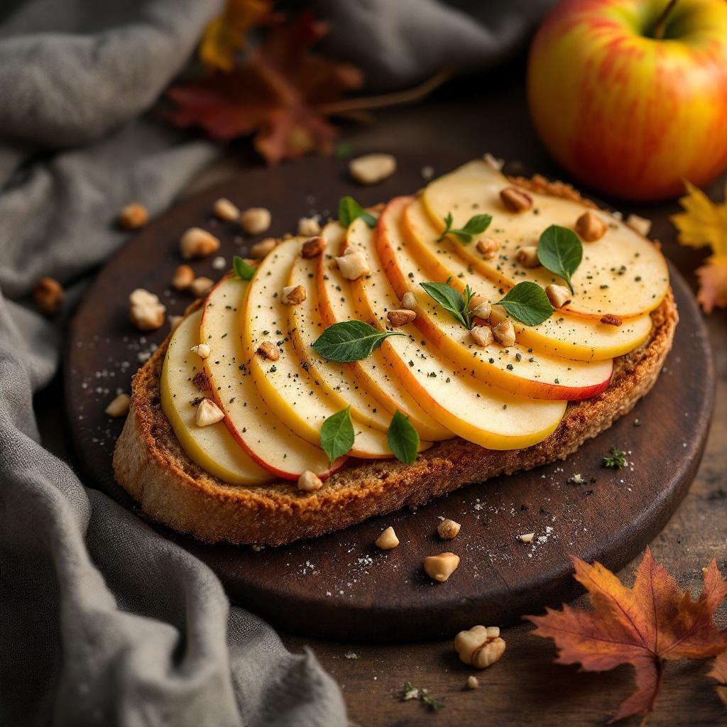 Sliced apple tartine with aged Cantal cheese shavings and toasted hazelnuts