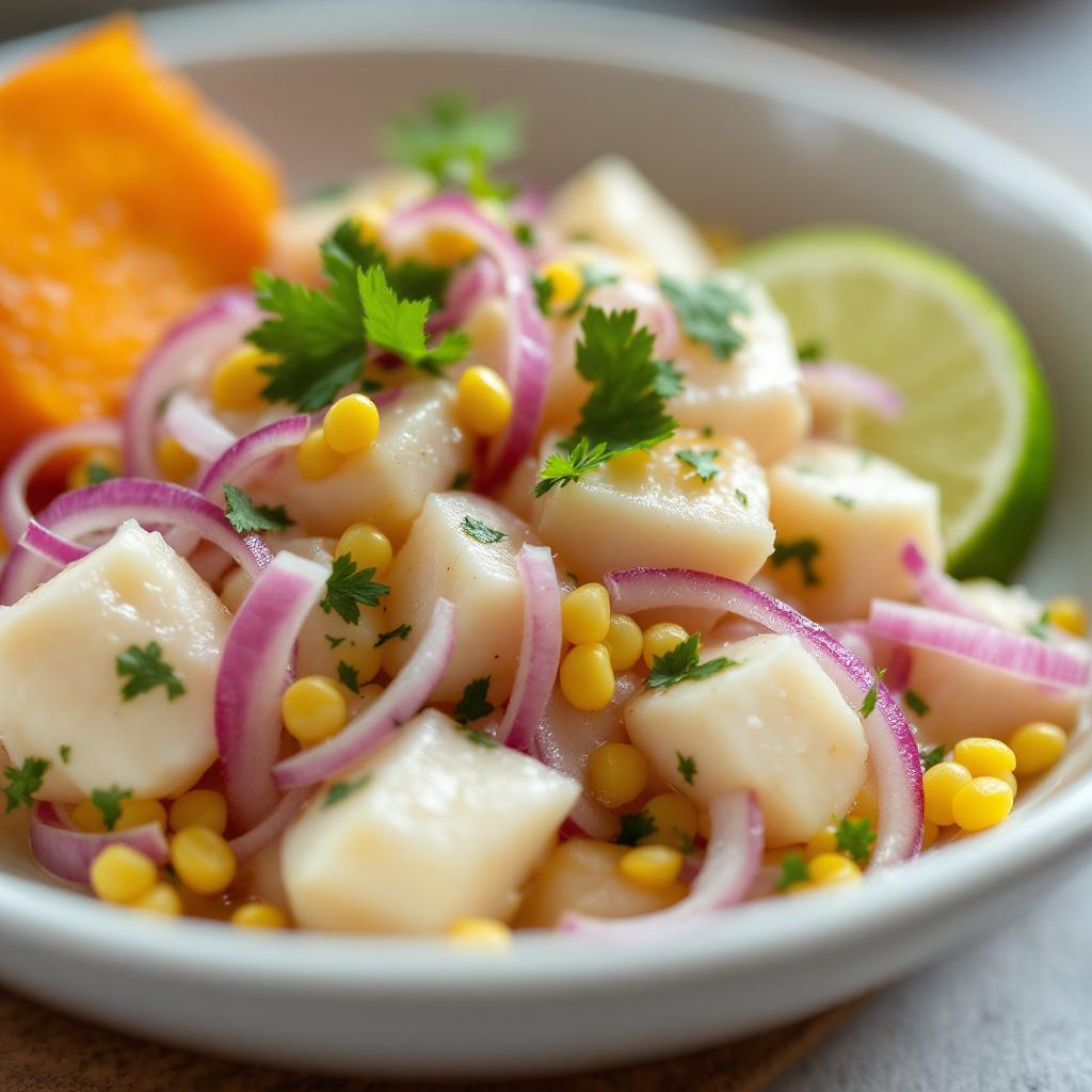 Classic Peruvian ceviche in a shallow white bowl with cubed white fish, red onion slivers, cilantro, sweet potato slice, and choclo kernels