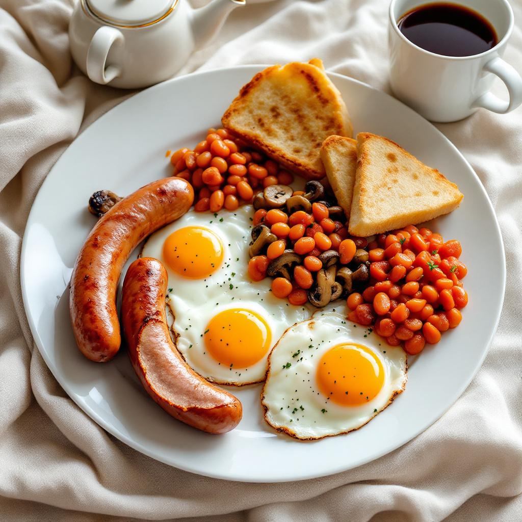 Full English breakfast on a wide white plate with sausages, eggs, beans, mushrooms, tomato and toast