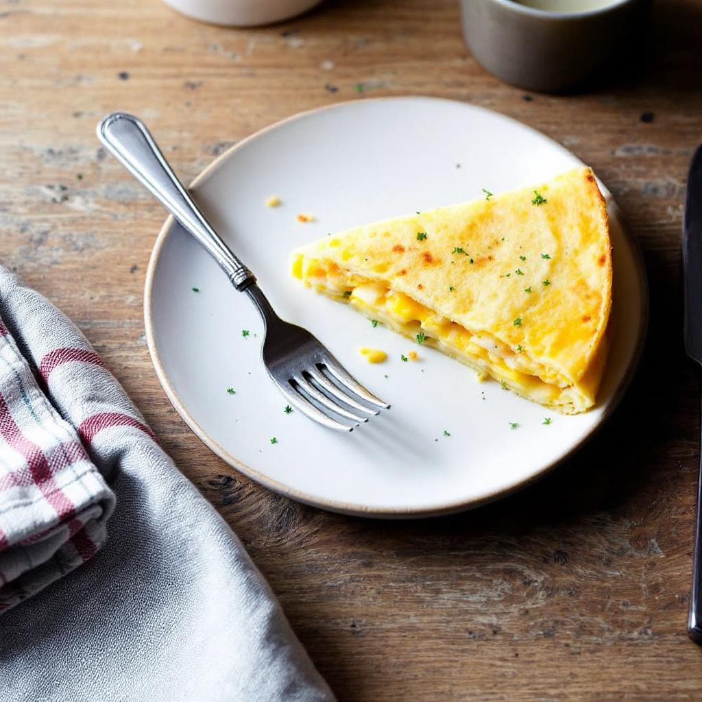 Wedge of golden tortilla espanola sliced open showing tender layered potato