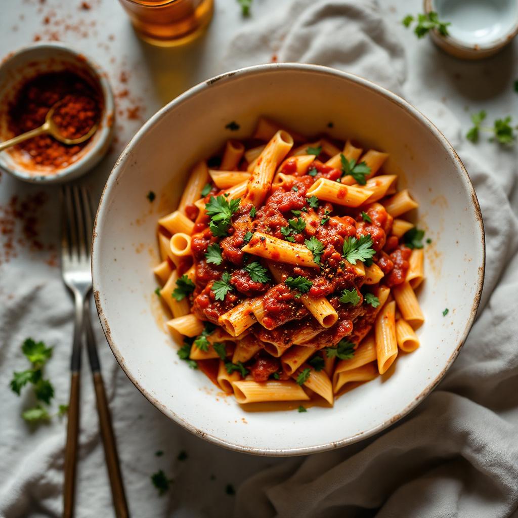 Penne rigate in a fiery red arrabbiata sauce garnished with parsley