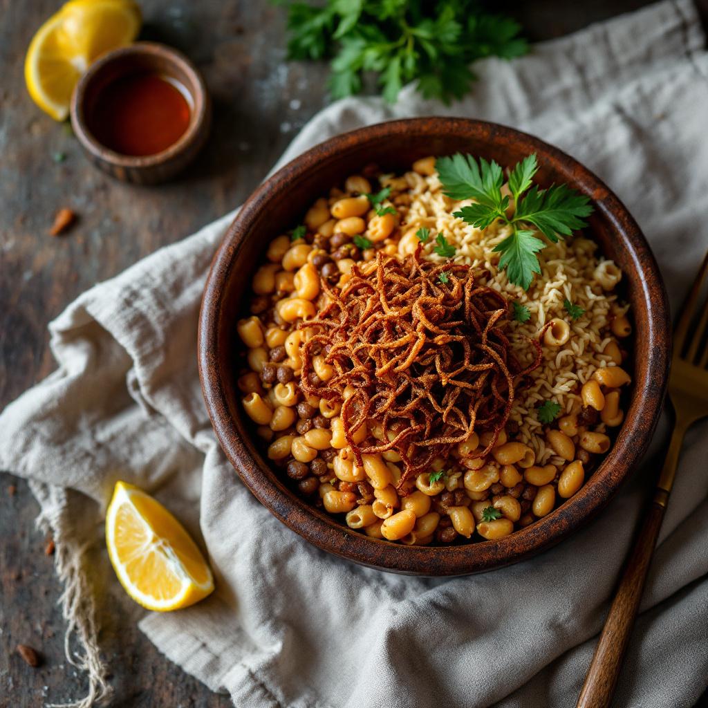 Bowl of Egyptian koshari layered with rice, lentils, macaroni, crispy onions and spiced tomato sauce