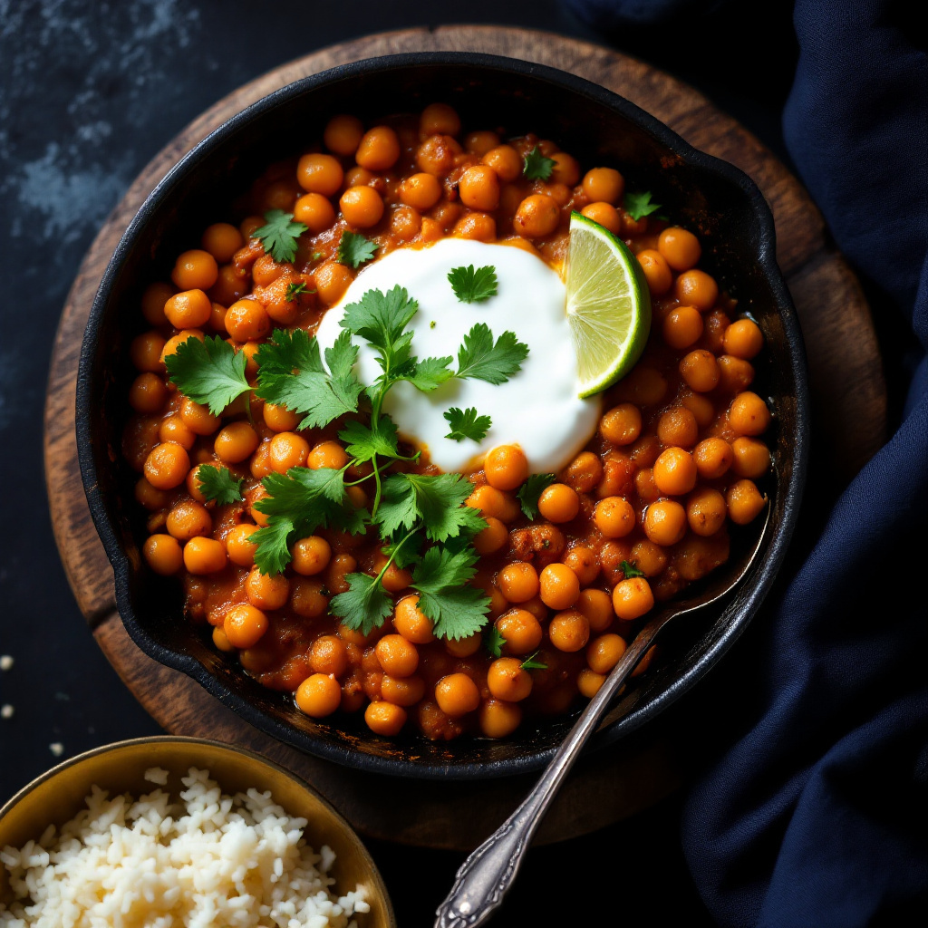 North Indian chana masala in a cast iron pan with toasted cumin, swirled yogurt, fresh cilantro and lime wedge