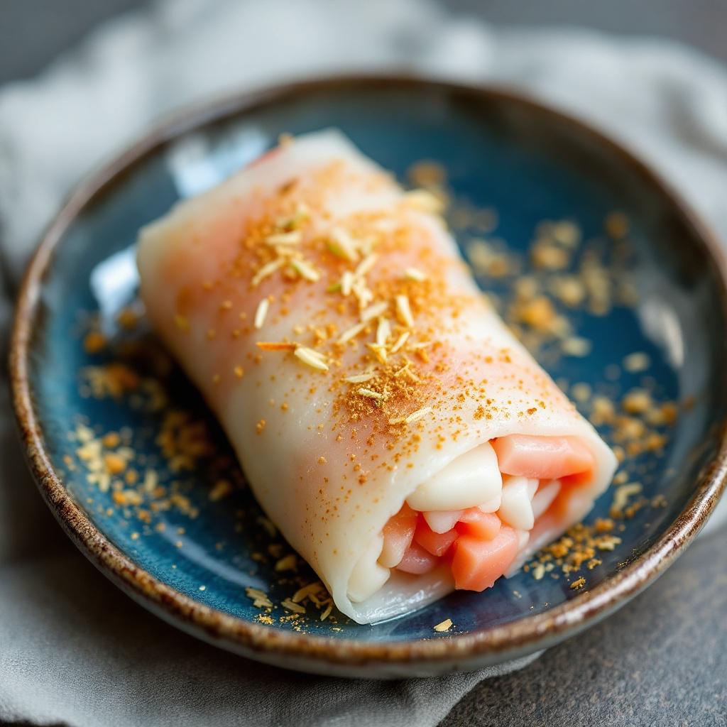 Crab and pomelo rice paper roll with pale pink crab meat and citrus segments visible