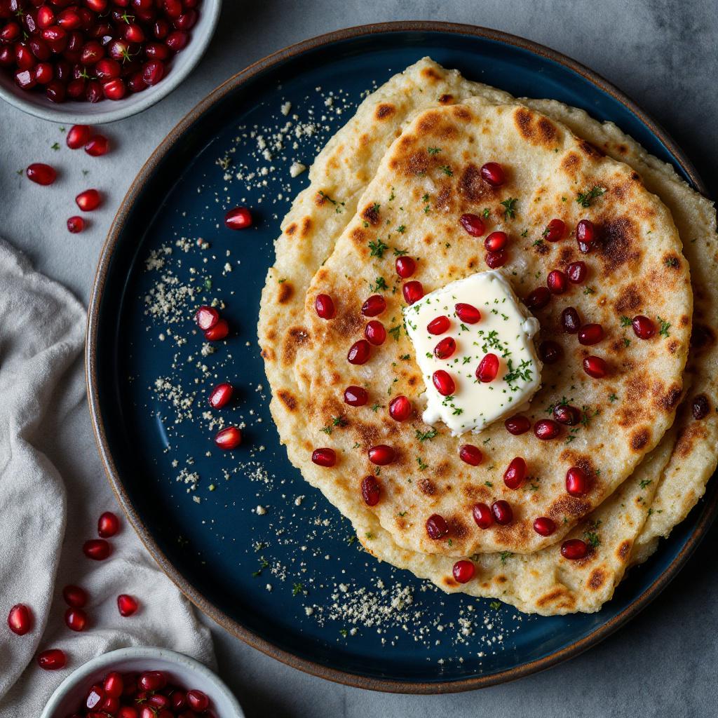 Missi roti studded with onion and pomegranate seeds, butter melting on top
