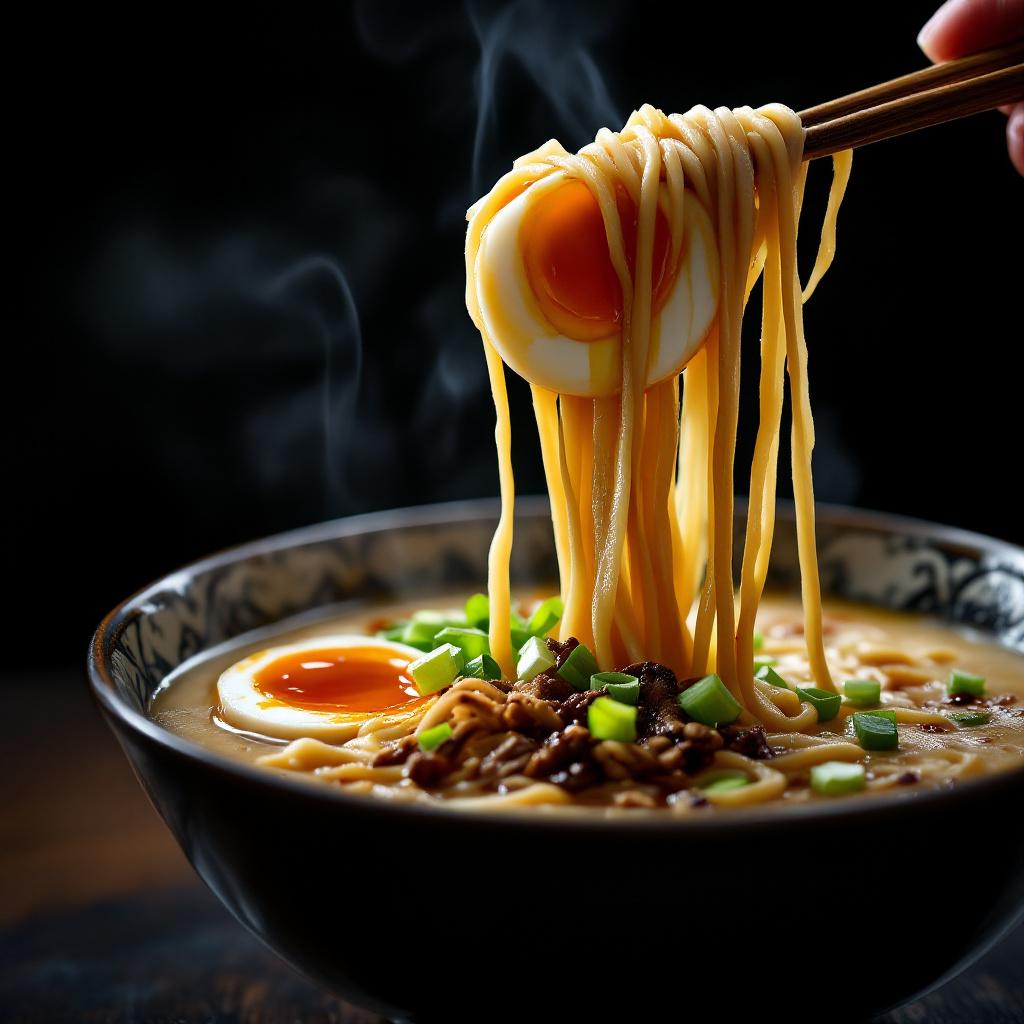 A bowl of tonkotsu ramen with creamy ivory pig-bone broth (replace with chicken-bone broth in description), thin straight wheat noodles, a halved soft-boiled egg with jammy yolk, scallions and black garlic oil swirl, dramatic side lighting