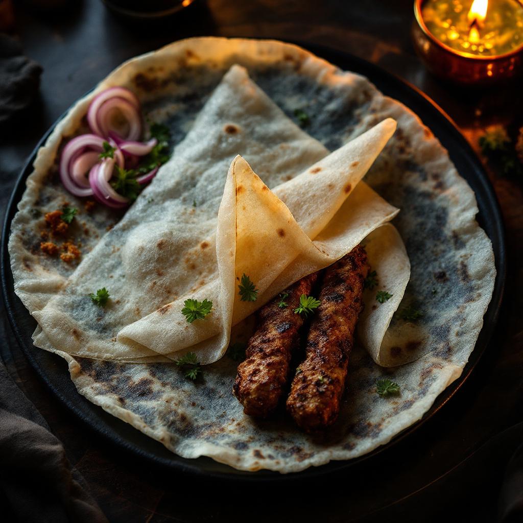 Translucent rumali roti folded into a triangle on a black plate, kebabs alongside