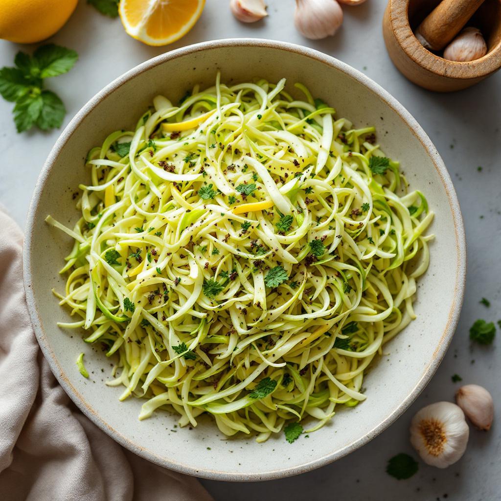Shredded cabbage salad with mint and a lemon garlic dressing in a wide bowl
