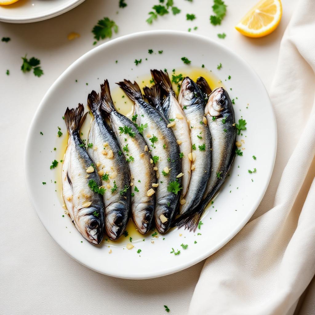 White boquerones marinated in vinegar arranged on a small plate with garlic and parsley