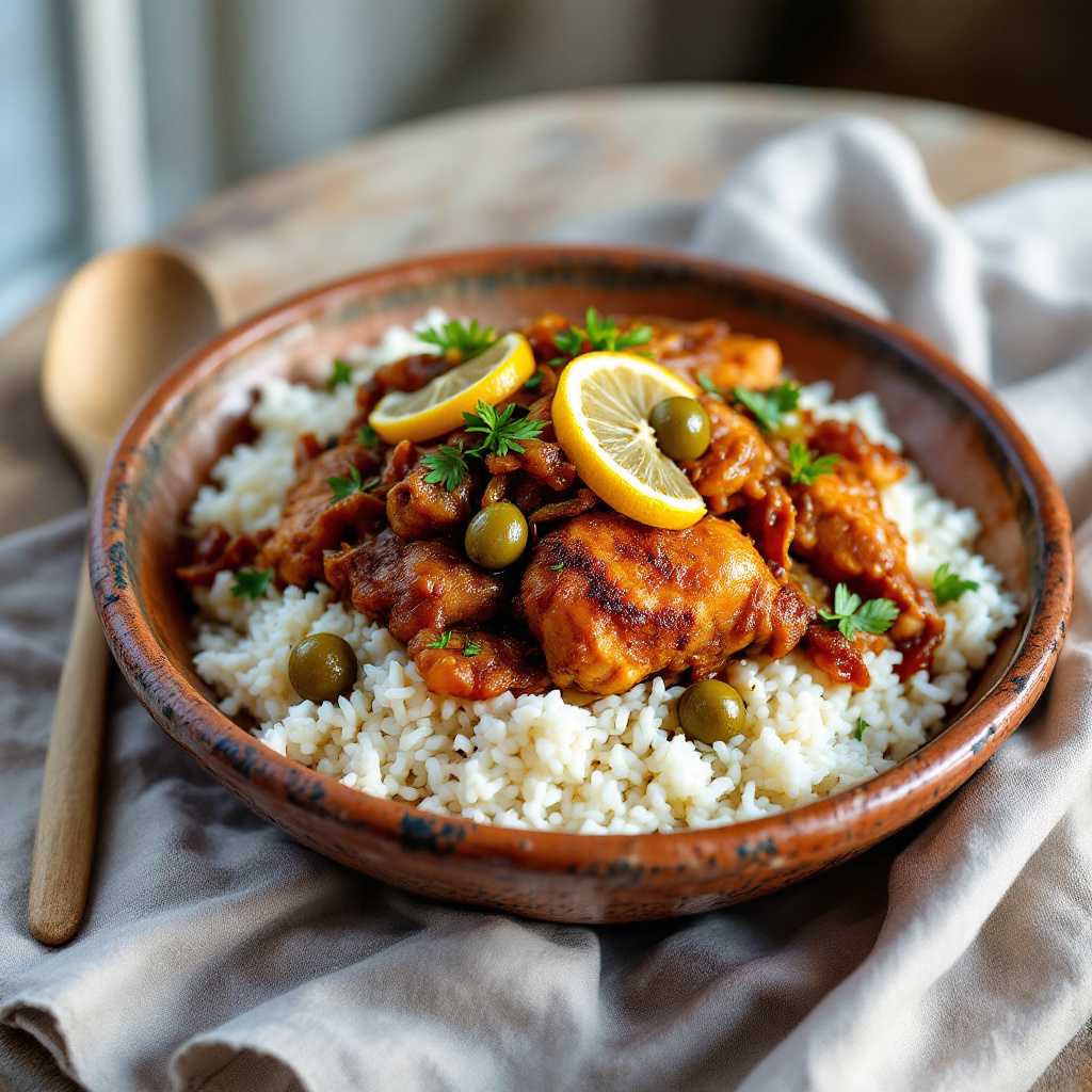Senegalese chicken yassa with deeply caramelized onions, lemon slices and olives over white rice in a shallow ceramic bowl