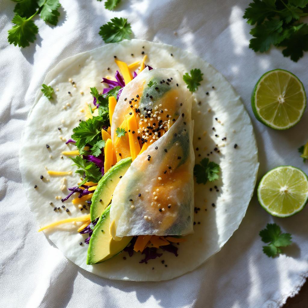 Translucent rice paper roll showing bright yellow mango slices, green avocado, and toasted sesame seeds
