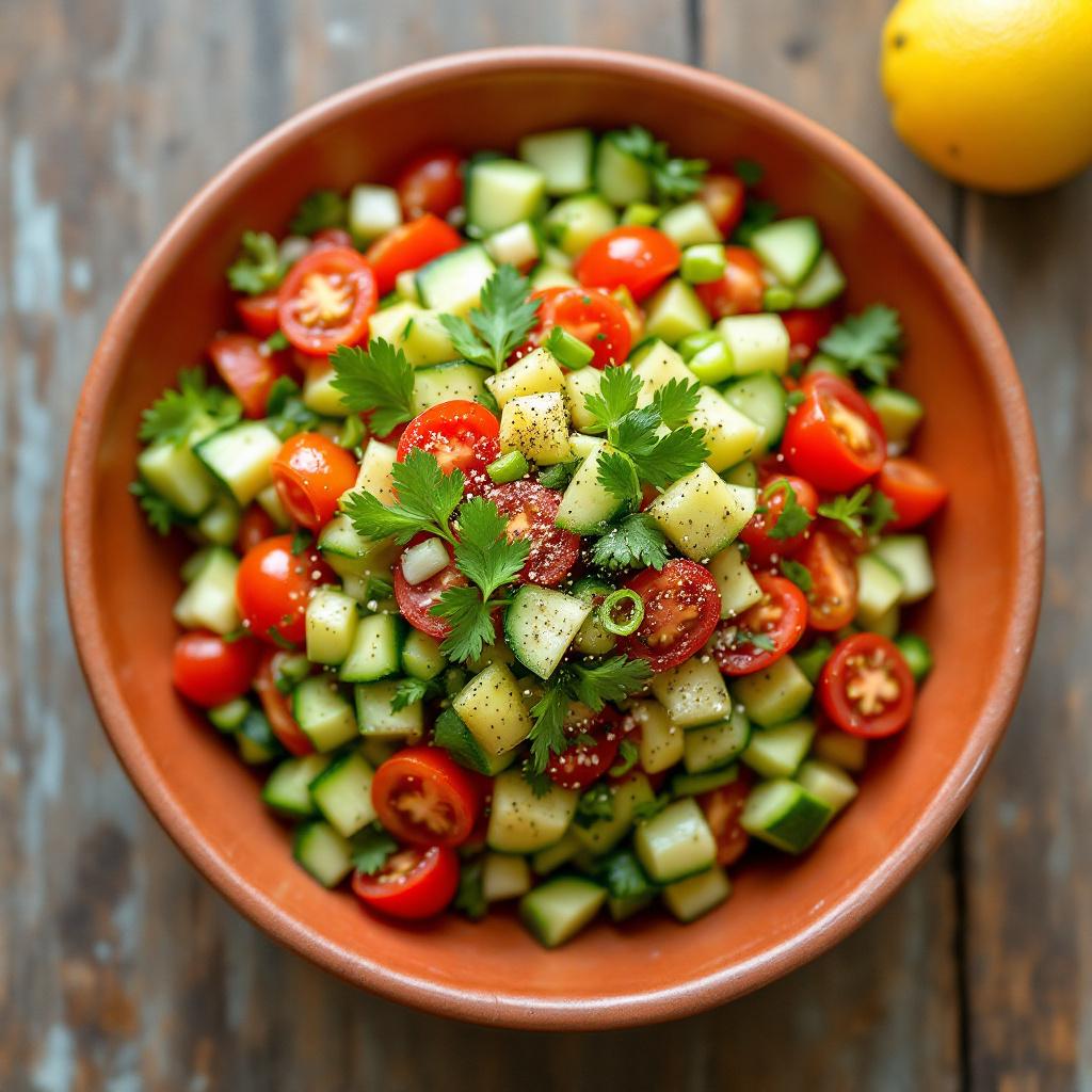 Finely chopped Levantine salad with cucumber, tomato, parsley and lemon dressing