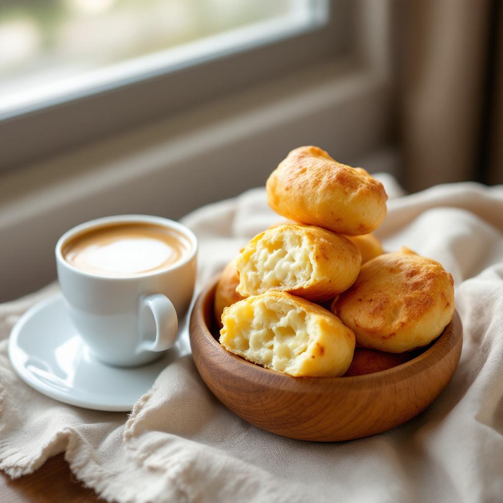 Brazilian pao de queijo cheese puffs in a wooden bowl beside a cup of cafe com leite