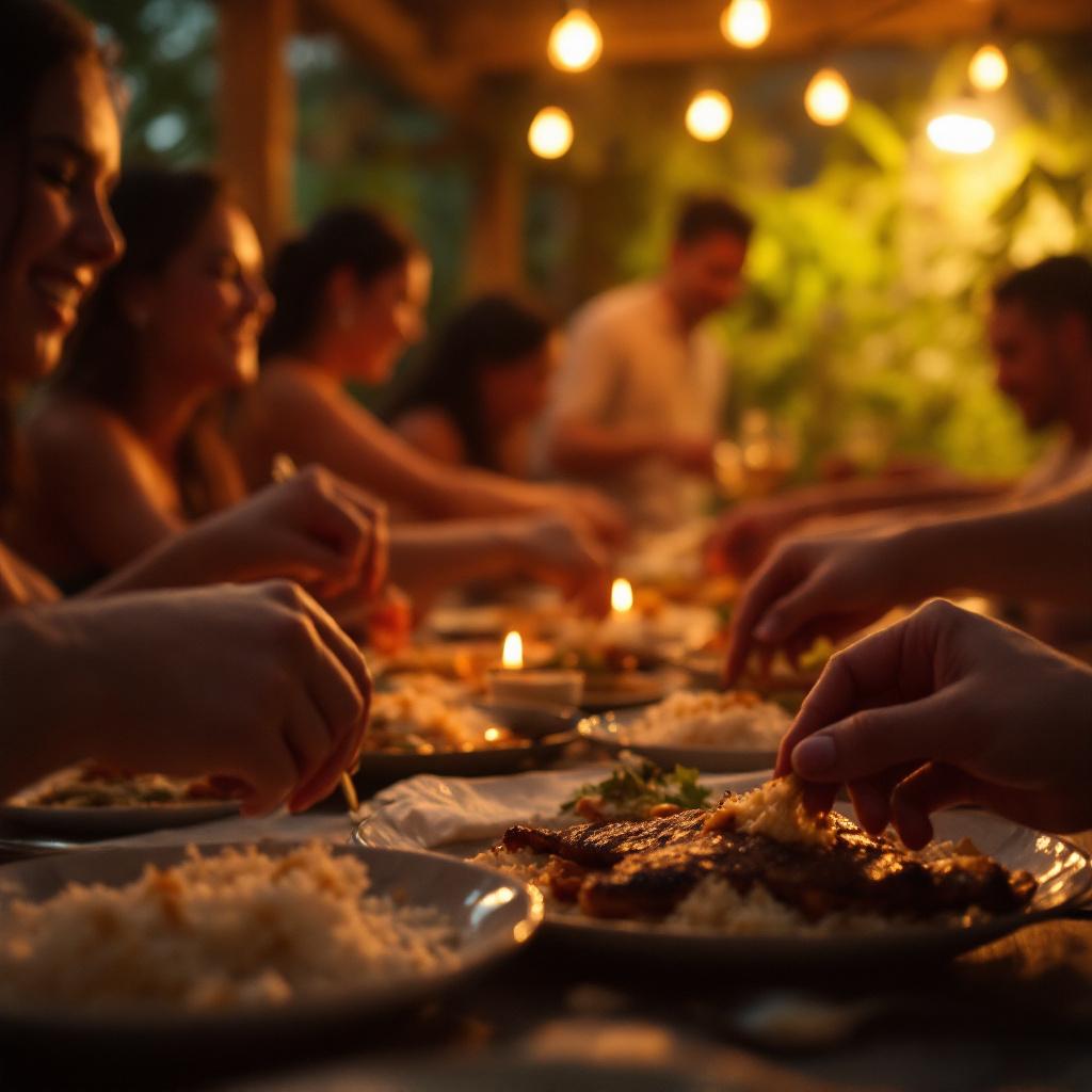 Group of friends eating a Filipino kamayan feast with their hands around a long table
