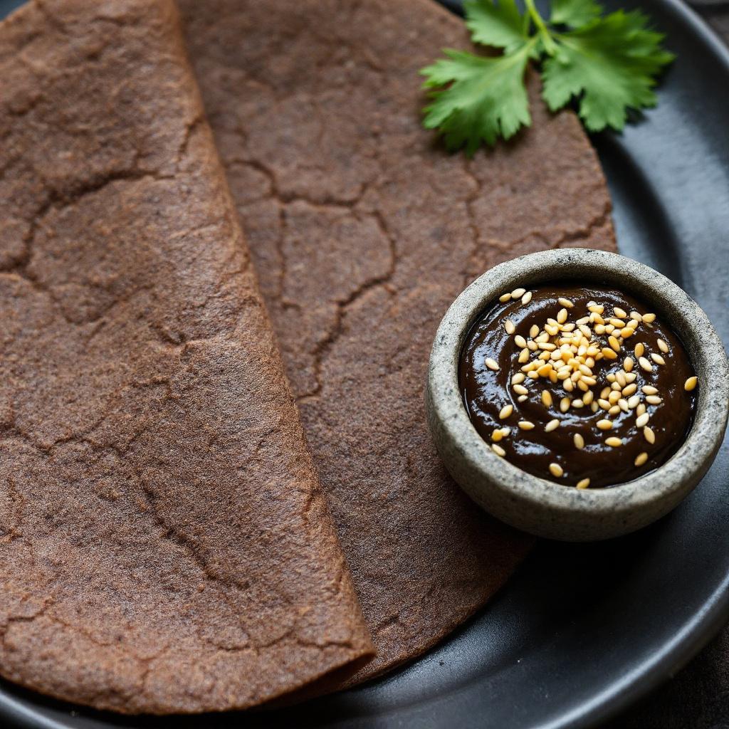 Dark brown ragi millet dosa with almost black curry leaf sesame chutney