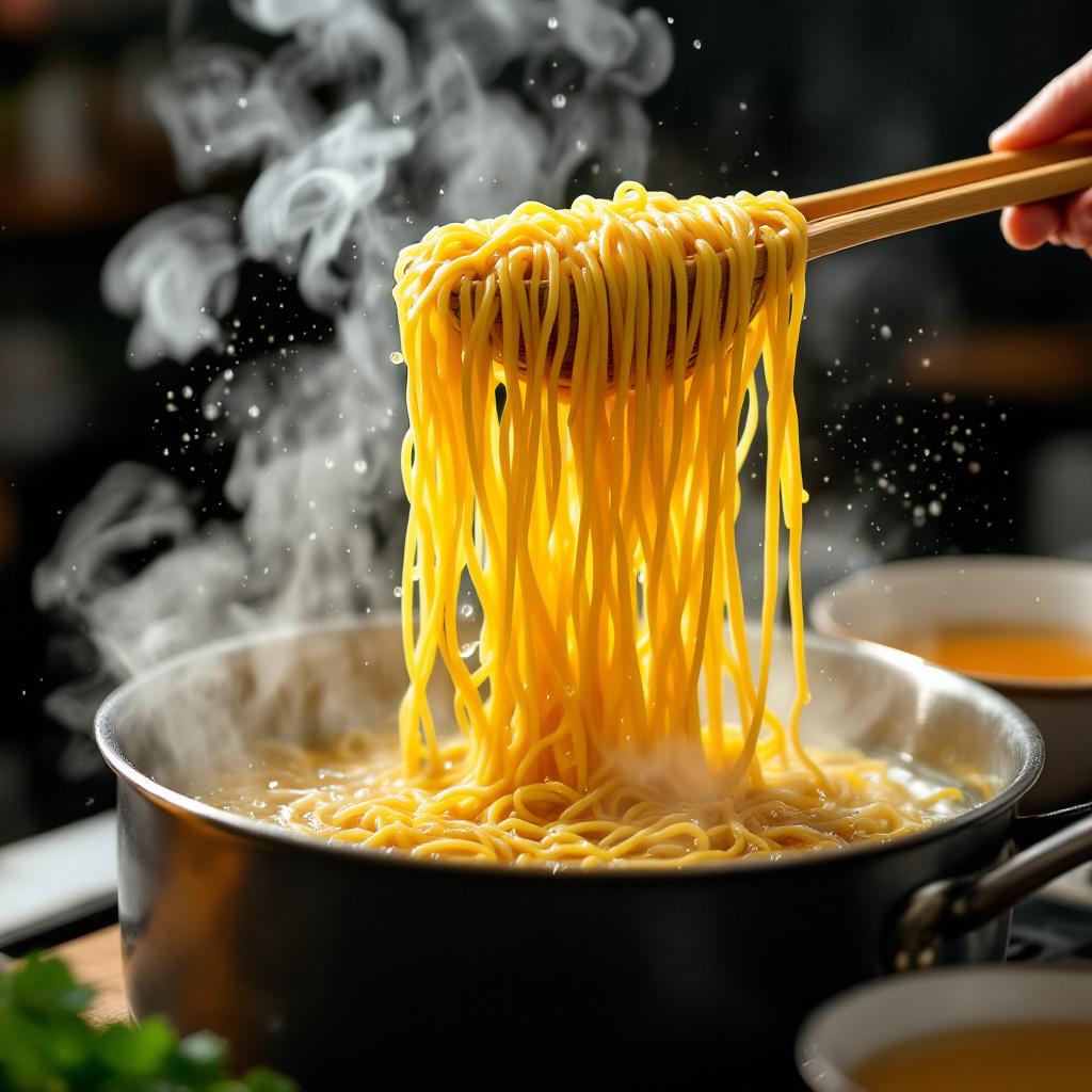 Fresh egg noodles being lifted from a strainer above a steaming pot