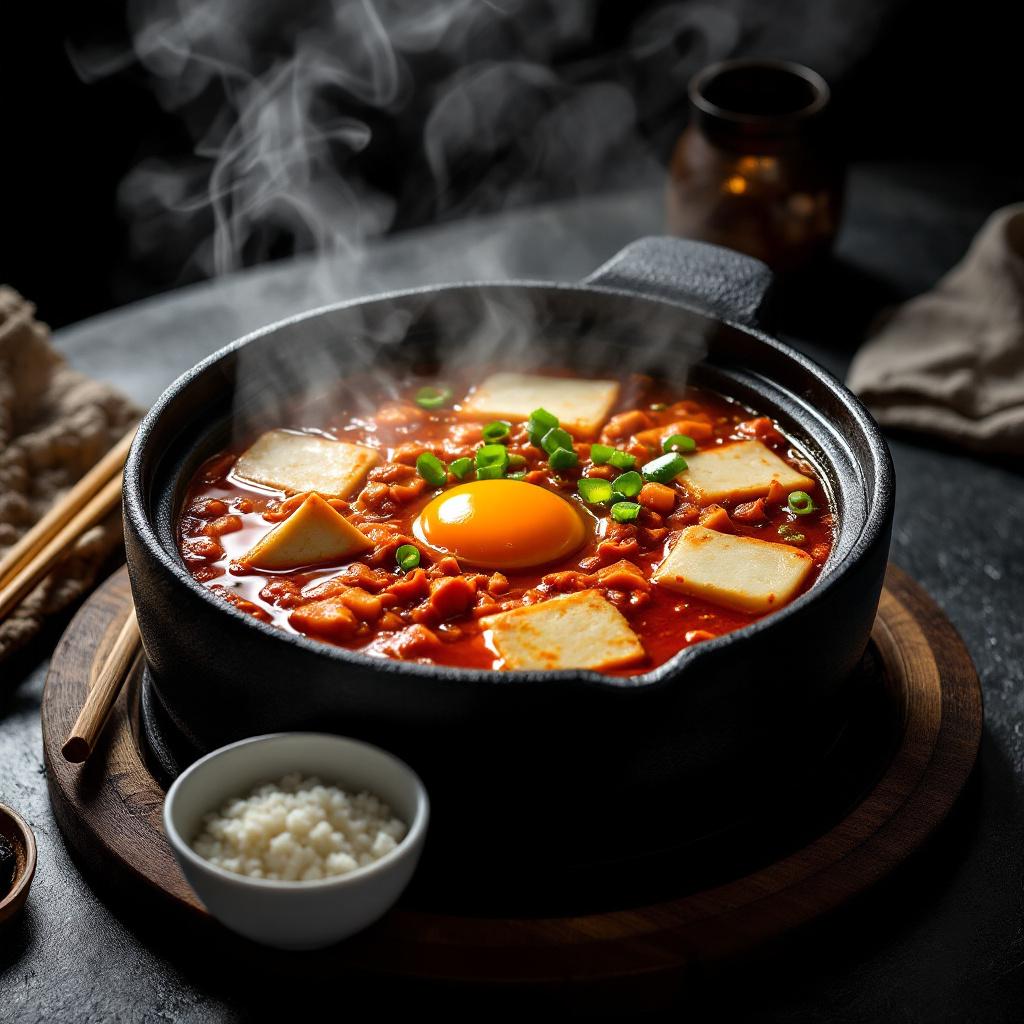 Korean kimchi jjigae bubbling in a black stone pot with tofu cubes scallions and red broth