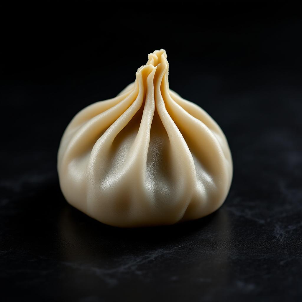 Macro close-up of a five-pleat jiaozi showing crisp overlapping folds gathered at the top, soft side lighting on a slate surface
