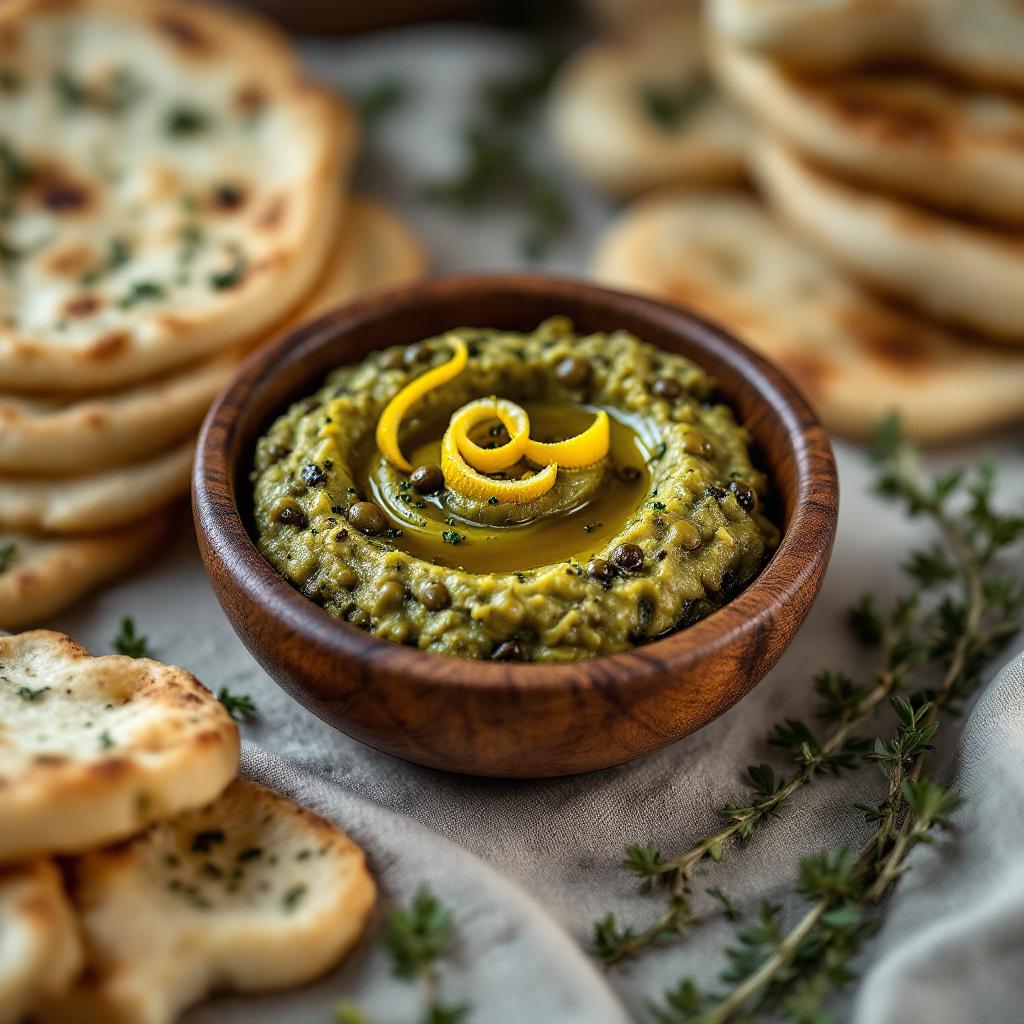 Green olive tapenade with za'atar in a small olive-wood bowl, surrounded by warm flatbread