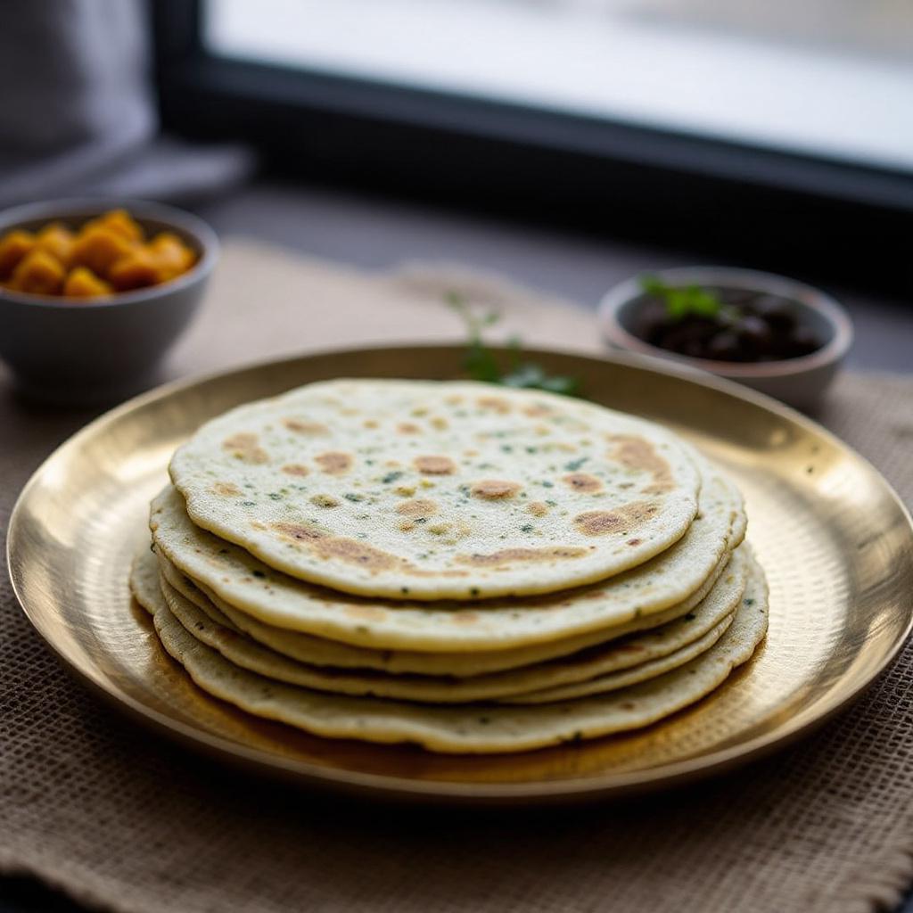 Stack of green-flecked methi thepla on a brass plate with yogurt and pickle