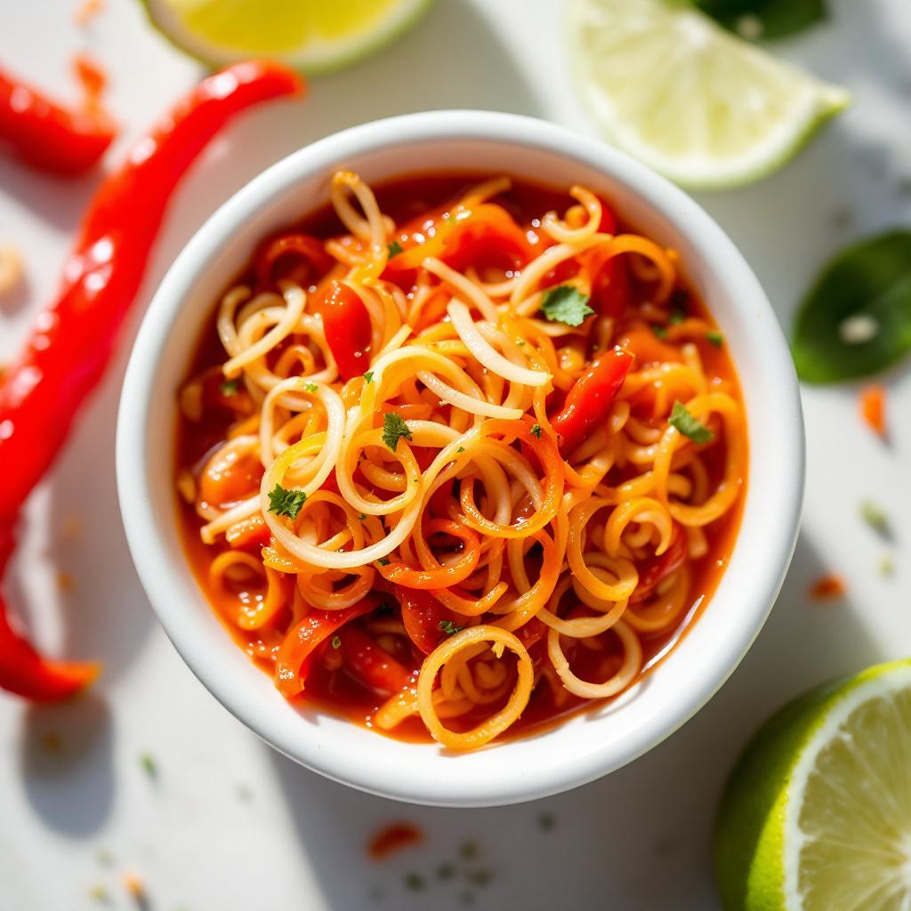 Bright pink Balinese sambal matah with sliced shallots and lemongrass in a small ceramic dish