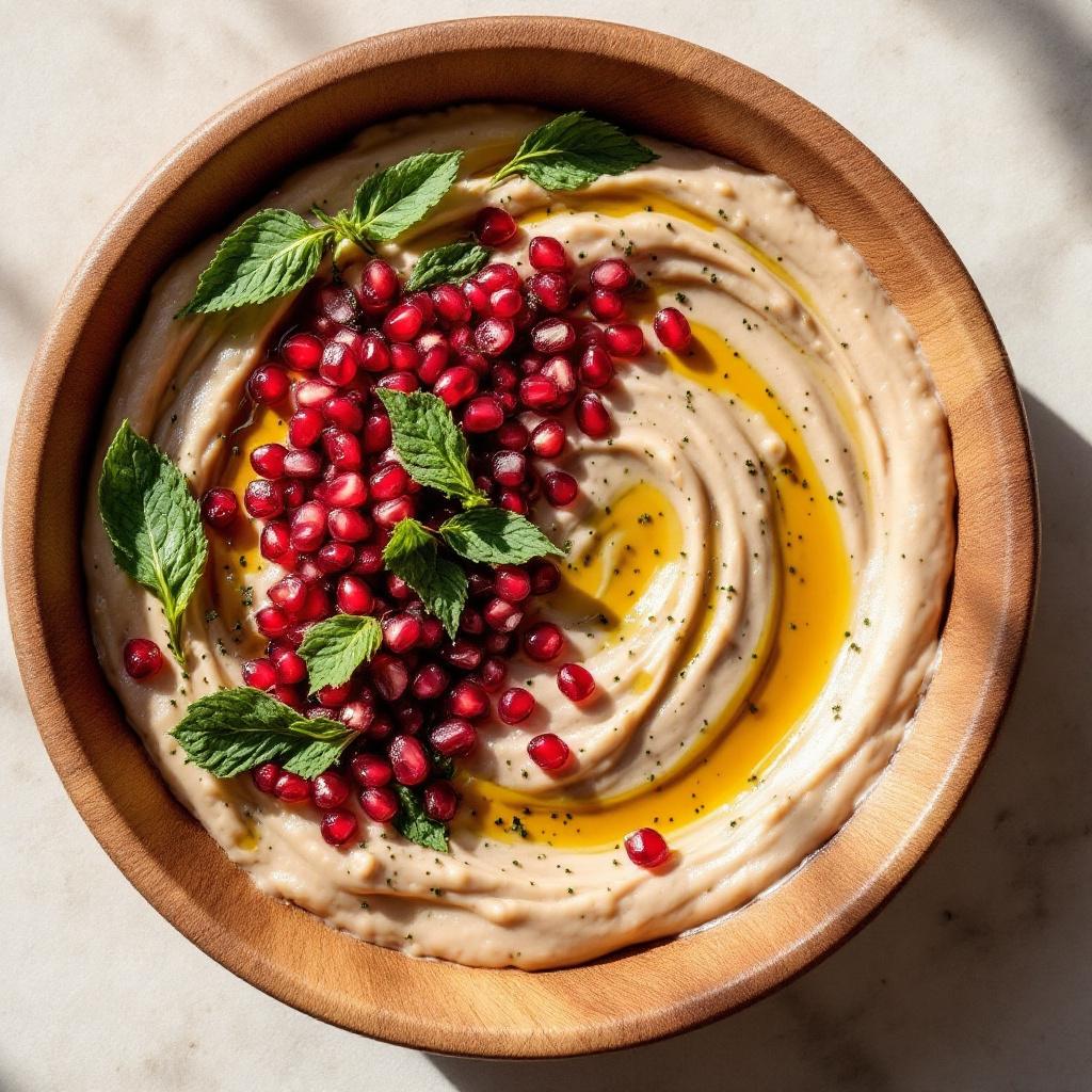 Pale beige mutabbal in a ceramic bowl topped with pomegranate seeds and mint